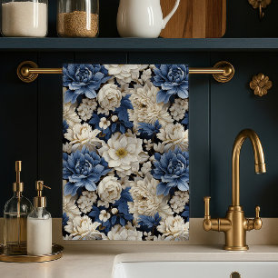 Premium Blue White Ivory Floral Kitchen Towel Deco