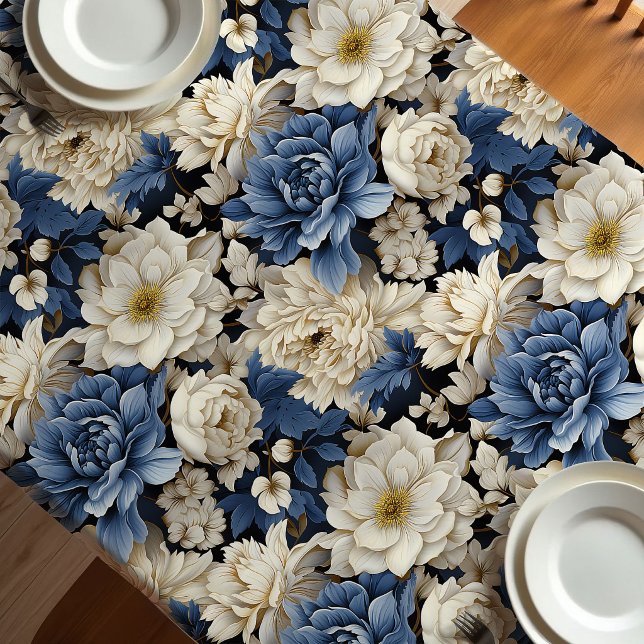 Premium Blue White Ivory Floral Tablecloth (Premium Blue White Ivory Floral Tablecloth)