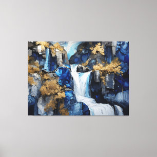 Premium Blue & White Waterfall Scenery Paint Art Canvas Print