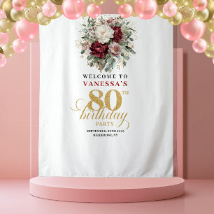 Premium Blush Floral 80th Birthday Backdrop Tapestry