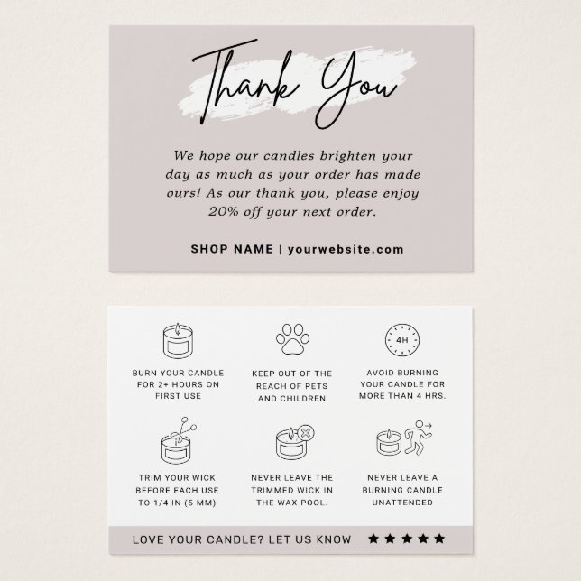 Premium Candle Care Instructions Thank You Card (Front & Back)