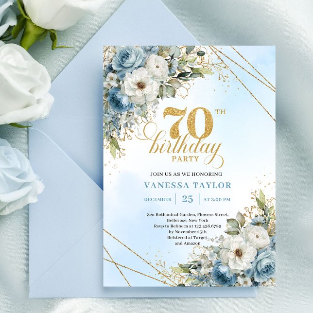 Premium dusty blue florals gold frame 70 birthday invitation (Premium dusty blue florals gold frame 70th birthday)