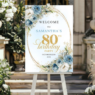Premium dusty blue florals gold frame 80 birthday poster