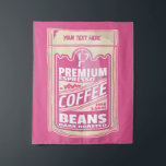 Premium espresso coffee beans pink food pop art tapestry<br><div class="desc">An illustration of a packet of ground coffee beans ready for espresso. This cafe / barista themed design is part of my food pop art collection. In the style of a retro food advertising poster. A design for coffee lovers</div>