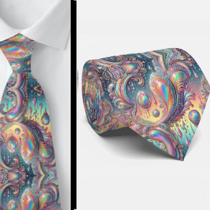 Premium Faux Holographic Opal Paisley Neck Tie