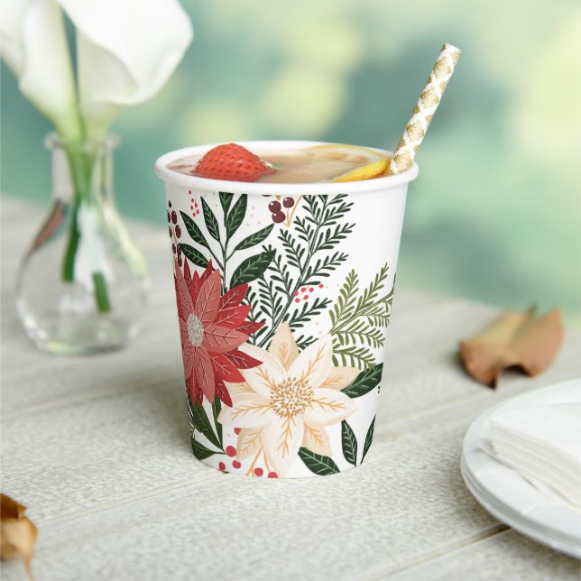 Premium Festive Poinsettia Christmas Holiday Paper Cups (Insitu)