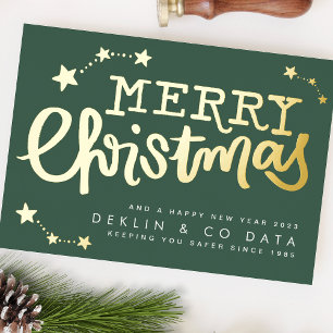 Premium Green Gold Stars Merry Christmas Business Foil Holiday Card