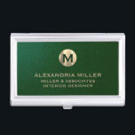Premium Green Leather Gold Monogram Business Card Holder<br><div class="desc">Show off your style and sophistication with this premium green leather look business card case featuring a luxurious gold monogram. Featuring a brushed gold monogram medallion with your name company and title in classic block typography, this case is a great way to keep your business cards organized and protected. The...</div>