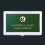 Premium Green Leather Gold Monogram Business Card Holder<br><div class="desc">Show off your style and sophistication with this premium green leather look business card case featuring a luxurious gold monogram. Featuring a brushed gold monogram medallion with your name company and title in classic block typography, this case is a great way to keep your business cards organized and protected. The...</div>