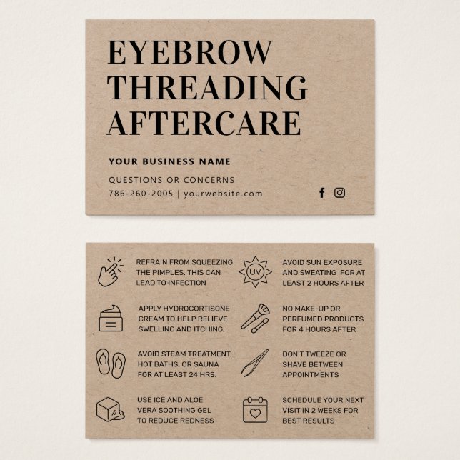 Premium Kraft Eyebrow Threading Aftercare Card (Front & Back)