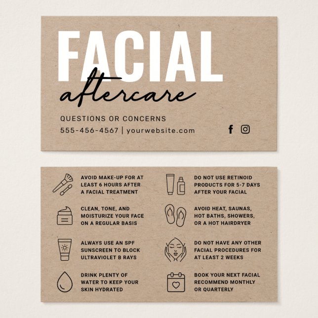Premium Kraft Facial Aftercare Instructions Card (Front & Back)
