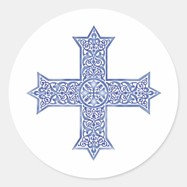 Premium Lapis Blue Coptic Cross Art Classic Round Sticker (Front)