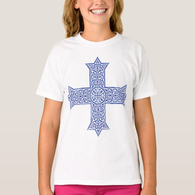 Premium Lapis Blue Coptic Cross Art T-Shirt (Front)