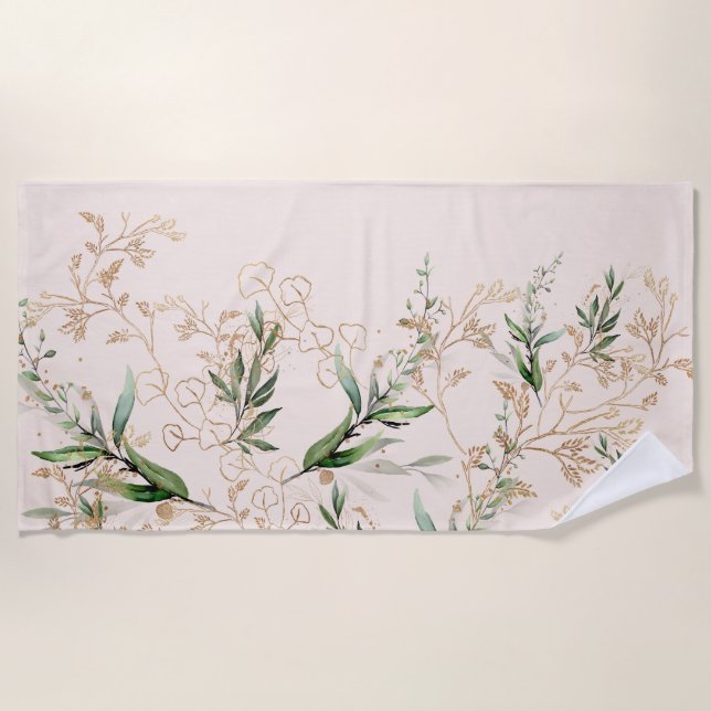 Premium Modern Boho Eucalyptus Light Blush Pink Beach Towel (Front)