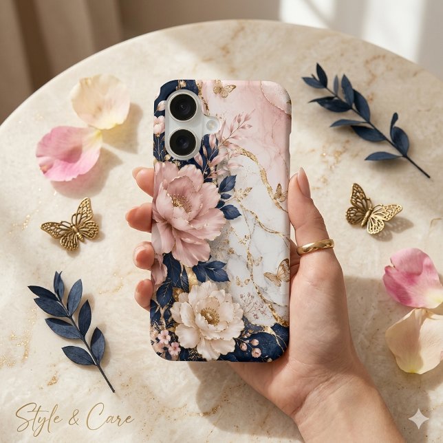Premium Navy Blue & Pink Botanical Marble (Premium Navy Blue & Pink Botanical Marble iPhone 17 Case)