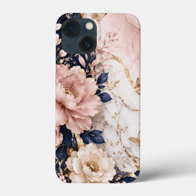 Premium Navy Blue & Pink Botanical Marble Case-Mate iPhone Case (Back)