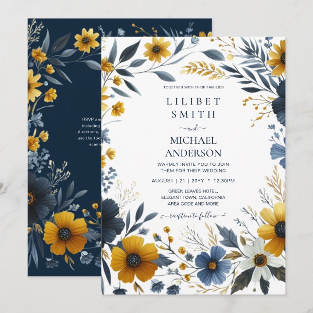 Premium Navy Blue Yellow Gold Floral Wedding Invitation (Front/Back)