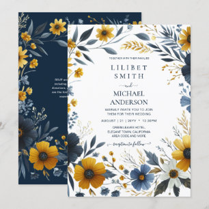 Premium Navy Blue Yellow Gold Floral Wedding Invitation