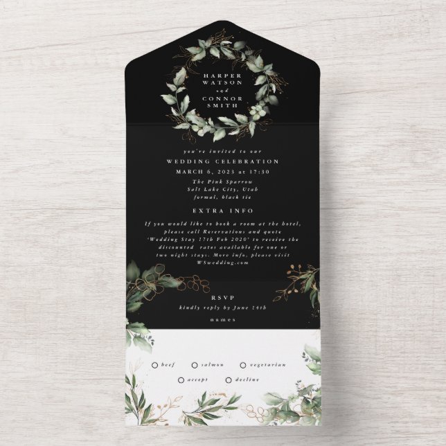 Premium Onyx Black Eucalyptus Wreath Wedding All In One Invitation (Inside)