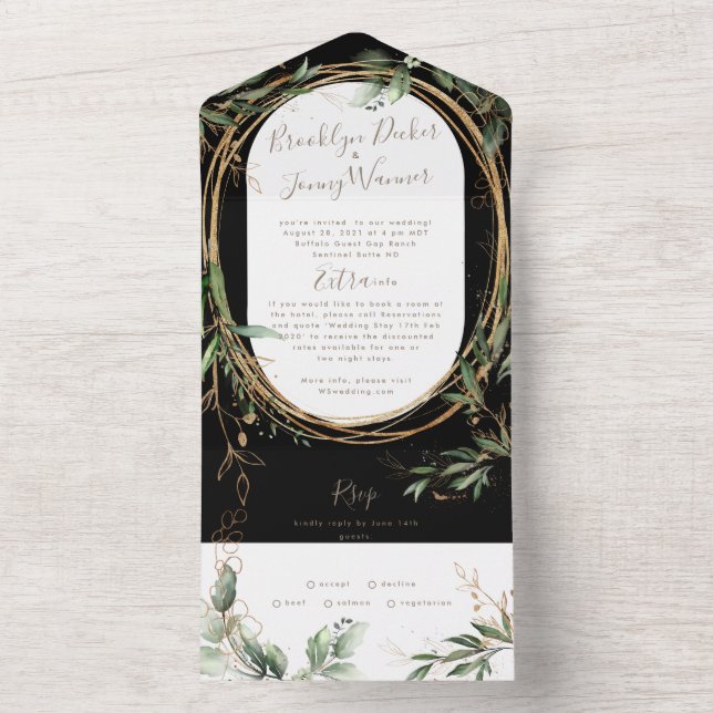 Premium Onyx Black Greenery Eucalyptus Wedding All In One Invitation (Inside)