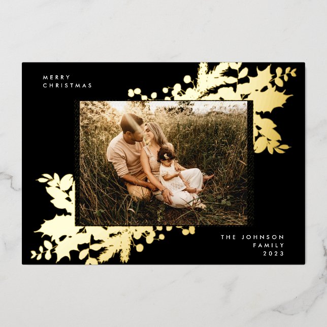 Premium Onyx Christmas Gold Botanical Photo Frame Foil Holiday Card (Front)