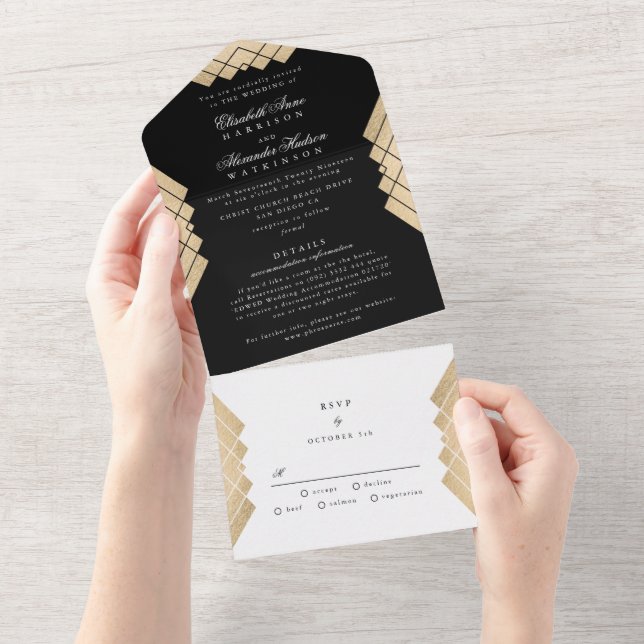 Premium Onyx Golden Hills Geometric Gatsby Wedding All In One Invitation (Tearaway)