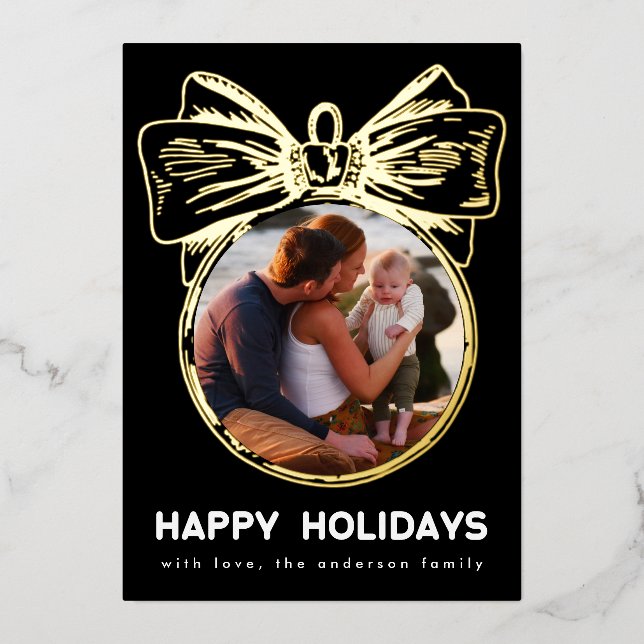 Premium Onyx Golden Multi Photo Ornament Happy Foil Holiday Card (Front)