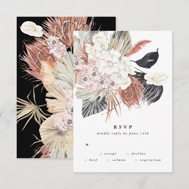 Premium Pampas Grass Flower Tropical Elegant Black RSVP Card (Front/Back)