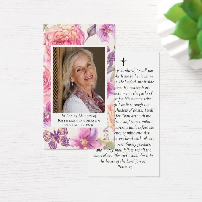 Premium Pink Floral Photo Memorial Prayer Card (Desk)