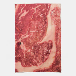 Premium Raw Red Meat   Marbled Steak Macro Photo Kitchen Towel