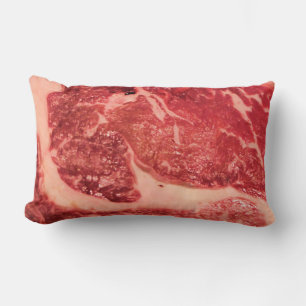 Premium Raw Red Meat   Marbled Steak Macro Photo Lumbar Pillow