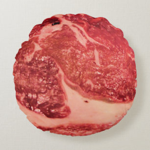 Premium Raw Red Meat   Marbled Steak Macro Photo Round Pillow