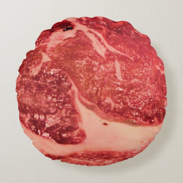 Premium Raw Red Meat | Marbled Steak Macro Photo Round Pillow (Front)