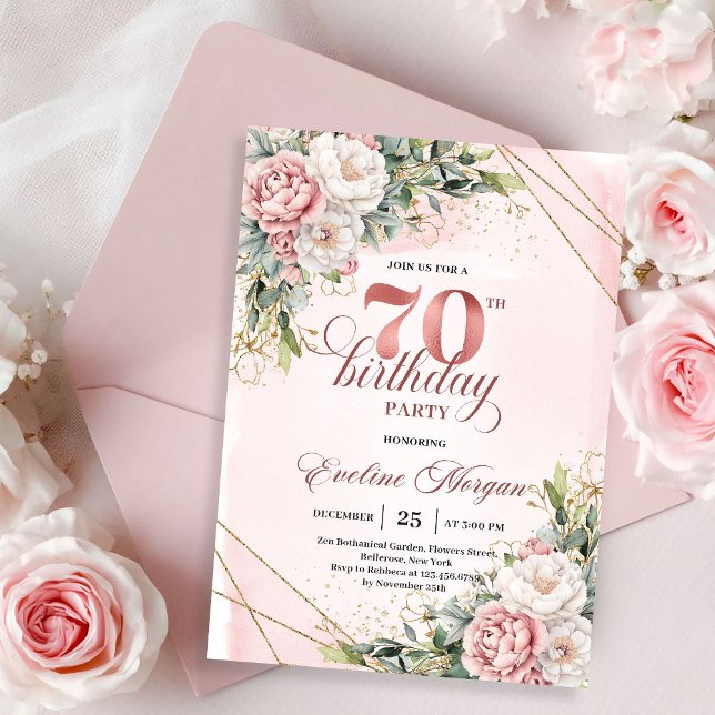 Premium Rose Gold Boho Floral 70th Birthday Invite (Premium Rose Gold Boho Floral 70th Birthday Invitation)