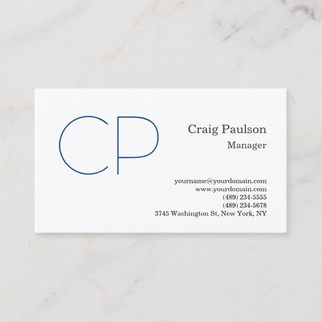 Premium Silk Blue White Minimalist Modern Monogram Business Card (Front)