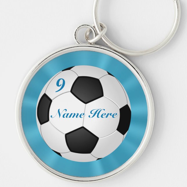 Premium Silver Soccer Keychains YOUR NAME & NUMBER (Front)