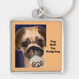 Premium Square Keychain, Large/Pug with toy! Keychain