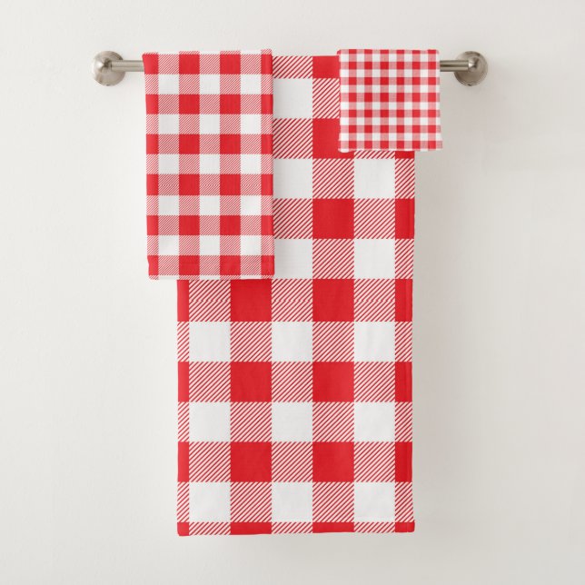 Premium Stylish Red and White Chequered Bath Towel Set (Insitu)