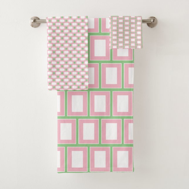 Preppy 1980s Pink White Green Geometric Pattern Bath Towel Set (Insitu)