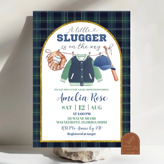  Preppy a little slugger baseball Baby Shower Invi Invitation (Creator Uploaded)