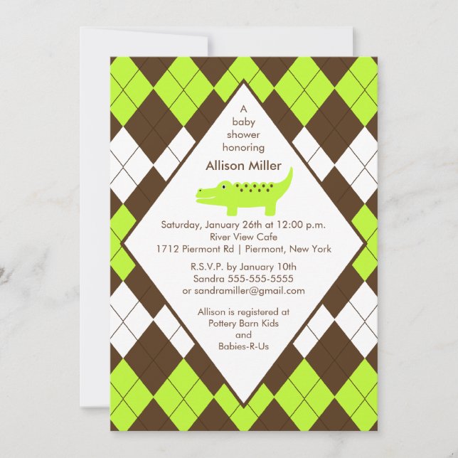 Preppy Alligator  Baby Shower Invitation LIme Blue (Front)