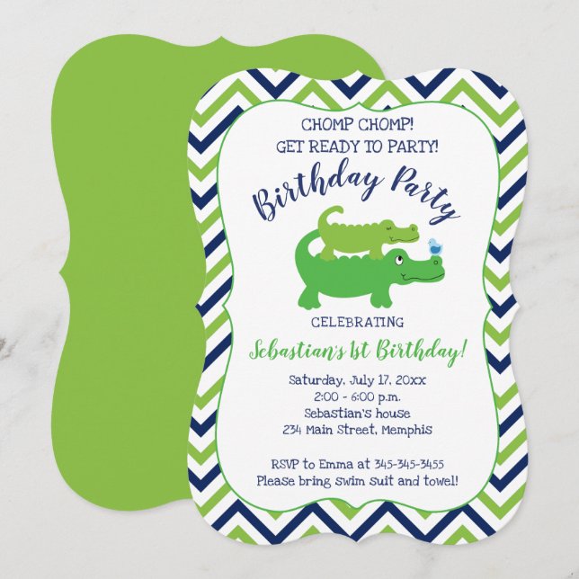 Preppy Alligator Crocodile Boy Invitation Annivers (Devant / Derrière)