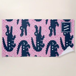 Preppy Alligator Greek Key - Pink & Navy Monogram Beach Towel