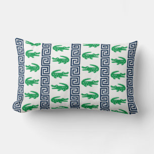 Preppy Alligator Greek Key Stripe – Green & Navy   Lumbar Pillow