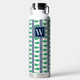 Preppy Alligator Greek Key Stripe – Green & Navy   Water Bottle