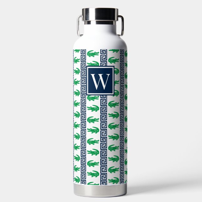 Preppy Alligator Greek Key Stripe – Green & Navy   Water Bottle (Front)