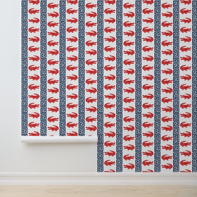 Preppy Alligator Greek Key Stripe - Navy & Red Wallpaper (Application)