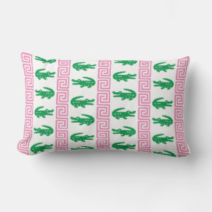 Preppy Alligator Greek Key Stripe – Pink & Green   Lumbar Pillow