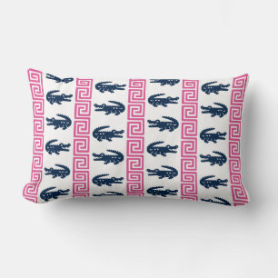 Preppy Alligator Greek Key Stripe – Pink & Navy   Lumbar Pillow