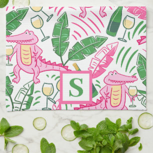 Preppy Alligator Wine Pink Green Monogram Kitchen Towel
